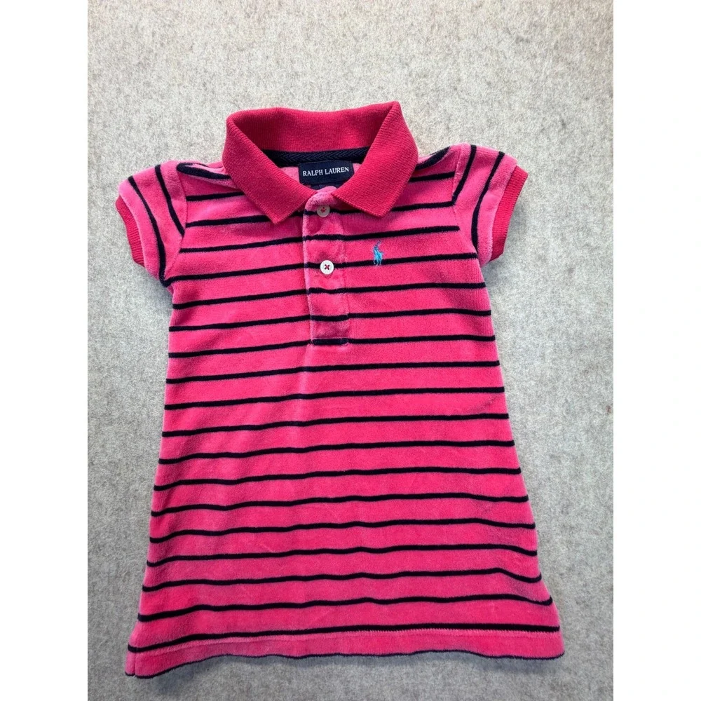 Ralph Lauren Polo Dress Baby Girls 9M Pink Navy Blue Striped Velour Short Sleeve